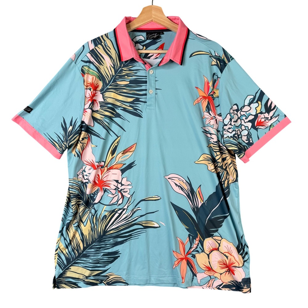 Sunday Swagger The Waikiki Performance Golf Polo Shirt XL Blue Pink Floral Palm